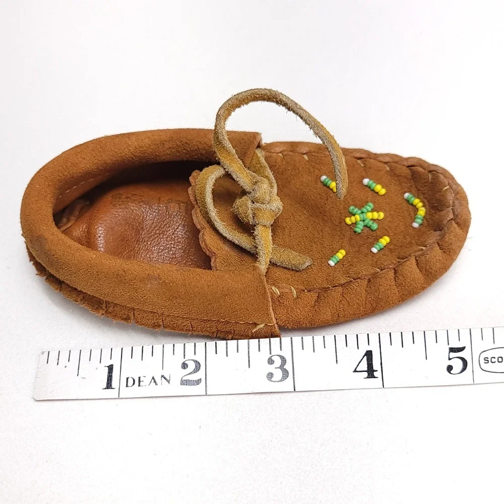 Handmade Beaded Leather Baby Moccasins Brown Suede‎ Soft Sole Infant Shoes 5 In